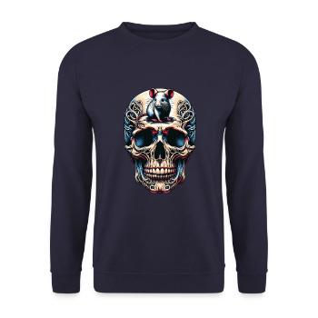 Bunter Skull mit süßer kleiner Maus auf der Stirn - Unisex Pullover - Navy - Vorne - Alina (178cm) & Michal (187cm)