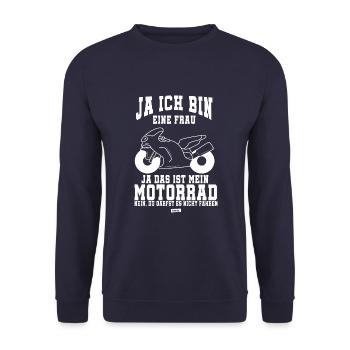 Ja Ich Bin Eine Frau Motorrad HARIZ Motorrad Biker - Unisex Pullover - Navy - Vorne - Alina (178cm) & Michal (187cm)