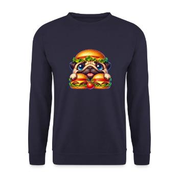 Lustiger Mops mit Burger Fast Food - Unisex Pullover - Navy - Vorne - Alina (178cm) & Michal (187cm)