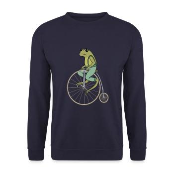 Cottagecore Aesthetic Frosch auf Hochrad Vintage - Unisex Pullover - Navy - Vorne - Alina (178cm) & Michal (187cm)