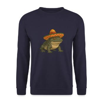 Prehistoric Amphibian Ichtyostega with Sombrero Cartoon - Unisex Sweatshirt - navy - Front - Alina (178cm) & Michal (187cm)