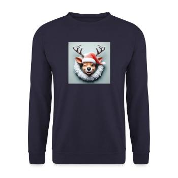 Lachendes Rentier mit Kranz - Unisex Pullover - Navy - Vorne - Alina (178cm) & Michal (187cm)