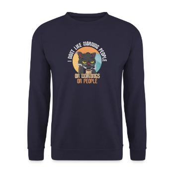 Morgenmuffel Katze - Lustiges Kaffee - Unisex Pullover - Navy - Vorne - Alina (178cm) & Michal (187cm)
