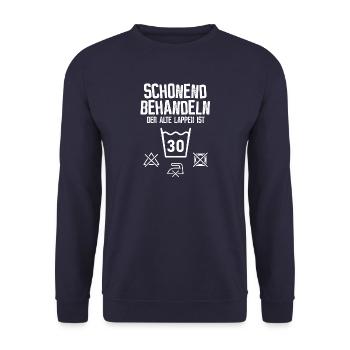 30. Geburtstag - schonend behandeln - Unisex Pullover - Navy - Vorne - Alina (178cm) & Michal (187cm)