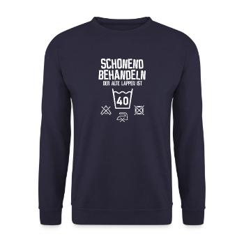 40. Geburtstag - schonend behandeln - Unisex Pullover - Navy - Vorne - Alina (178cm) & Michal (187cm)