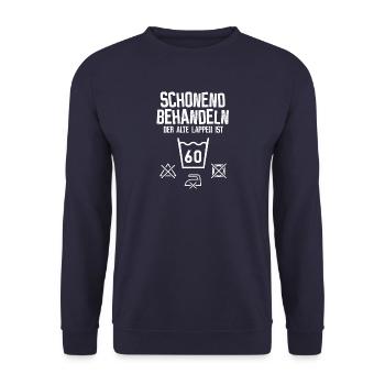 60. Geburtstag - schonend behandeln - Unisex Pullover - Navy - Vorne - Alina (178cm) & Michal (187cm)