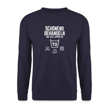 70. Geburtstag - schonend behandeln - Unisex Pullover - Navy - Vorne - Alina (178cm) & Michal (187cm)