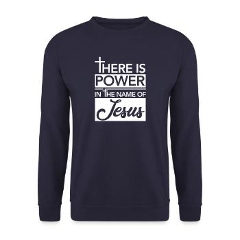 There is Power in the Name of Jesus - Unisex Pullover - Navy - Vorne - Alina (178cm) & Michal (187cm)