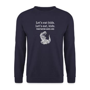 Satzzeichen retten Leben - Dino Humor - Unisex Pullover - Navy - Vorne - Alina (178cm) & Michal (187cm)