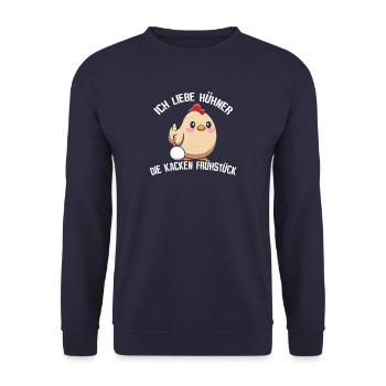 Ich liebe Hühner - die kacken Frühstück - Unisex Pullover - Navy - Vorne - Alina (178cm) & Michal (187cm)