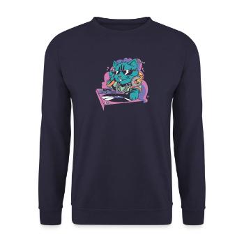 Katze am DJ Pult - Unisex Pullover - Navy - Vorne - Alina (178cm) & Michal (187cm)