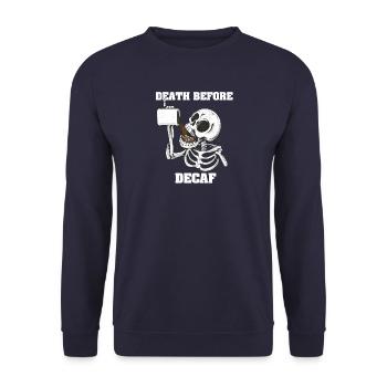 Death before Decaf - Kaffee Liebe - Unisex Pullover - Navy - Vorne - Alina (178cm) & Michal (187cm)