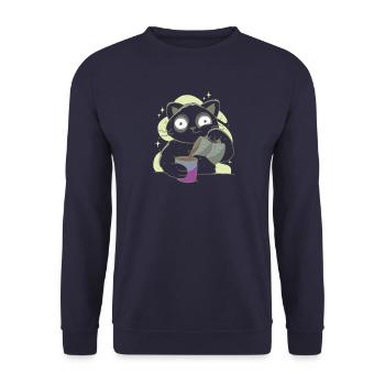 Morgenmuffel Katze mit Kaffee Sucht - Unisex Pullover - Navy - Vorne - Alina (178cm) & Michal (187cm)