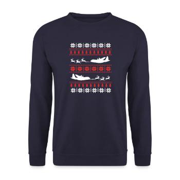 Hässlicher Weihnachtsstrickjacke-lustiges Ren-Ziehen - Unisex Pullover - Navy - Vorne - Alina (178cm) & Michal (187cm)