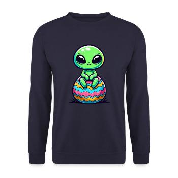 Cute Alien on Colorful Easter Egg - Unisex Sweatshirt - navy - Front - Alina (178cm) & Michal (187cm)