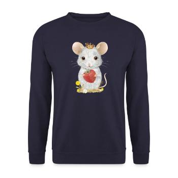 souris blanche avec couronne, fraise et fleurs de pissenlit - Sweat-shirt Unisexe - marine - Devant - Alina (178cm) & Michal (187cm)