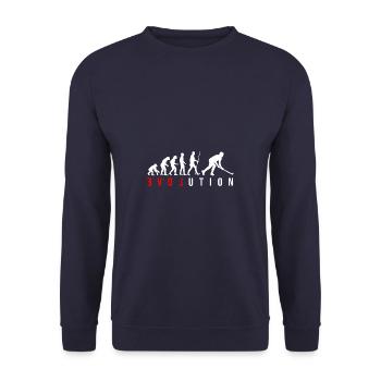 Die Evolution des Hockey Feldhockey als Geschenk - Unisex Pullover - Navy - Vorne - Alina (178cm) & Michal (187cm)