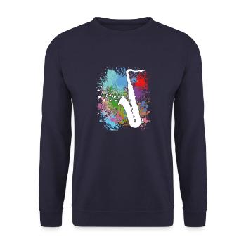 Saxofon auf Farbklecksen - Unisex Pullover - Navy - Vorne - Alina (178cm) & Michal (187cm)