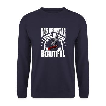 Grooming Hunde Hundepflege Friseur Schere Spruch - Unisex Pullover - Navy - Vorne - Alina (178cm) & Michal (187cm)