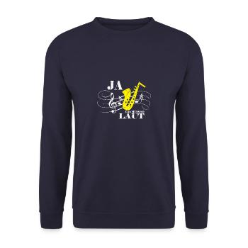 Das muss Laut sein Saxophon Kratzer used look - Unisex Pullover - Navy - Vorne - Alina (178cm) & Michal (187cm)