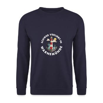 Schwer verliebt - Warnemünde Ostsee mit Leuchtturm - Unisex Pullover - Navy - Vorne - Alina (178cm) & Michal (187cm)