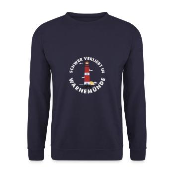 Schwer verliebt - Warnemünde Ostsee mit Leuchtturm - Unisex Pullover - Navy - Vorne - Alina (178cm) & Michal (187cm)