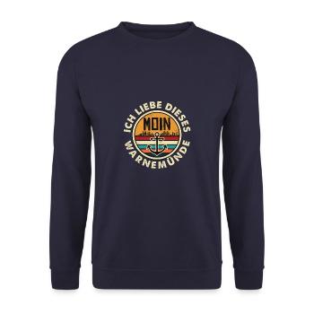 Ich liebe dieses Warnemünde Ostsee mit Moin - Unisex Pullover - Navy - Vorne - Alina (178cm) & Michal (187cm)