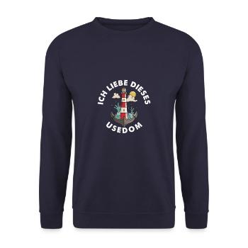 Ich liebe dieses Usedom Ostsee - Leuchtturm Anker - Unisex Pullover - Navy - Vorne - Alina (178cm) & Michal (187cm)