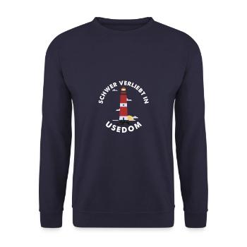 Schwer verliebt - Usedom Ostsee - Leuchtturm Anker - Unisex Pullover - Navy - Vorne - Alina (178cm) & Michal (187cm)