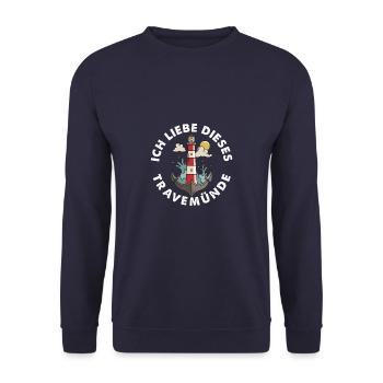 Travemünde Ostsee - Moin Leuchtturm Anker - Unisex Pullover - Navy - Vorne - Alina (178cm) & Michal (187cm)