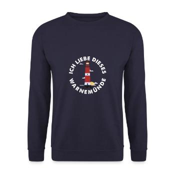 Ich liebe dieses Warnemünde Ostsee mit Leuchtturm - Unisex Pullover - Navy - Vorne - Alina (178cm) & Michal (187cm)