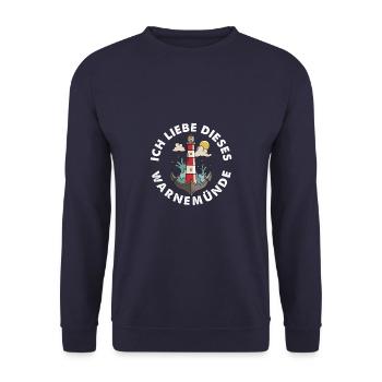Ich liebe dieses Warnemünde Ostsee mit Leuchtturm - Unisex Pullover - Navy - Vorne - Alina (178cm) & Michal (187cm)