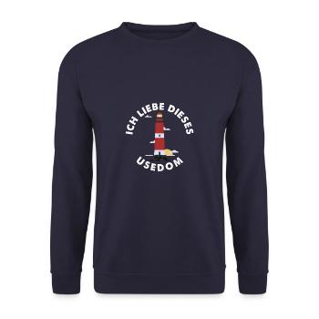 Ich liebe dieses Usedom Ostsee - Leuchtturm Anker - Unisex Pullover - Navy - Vorne - Alina (178cm) & Michal (187cm)