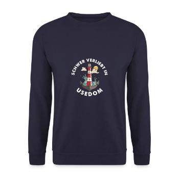 Schwer verliebt - Usedom Ostsee - Leuchtturm Anker - Unisex Pullover - Navy - Vorne - Alina (178cm) & Michal (187cm)