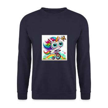 Lustiges Einhorn auf Fahrrad - Unisex Pullover - Navy - Vorne - Alina (178cm) & Michal (187cm)