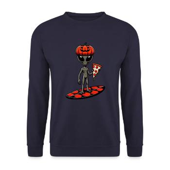 Halloween Alien Surfer Pizza Pizzaliebhaber Lustig - Unisex Pullover - Navy - Vorne - Alina (178cm) & Michal (187cm)