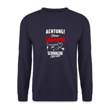 Rettungsdienst Notruf Sani Geschenk · Achtung - Unisex Pullover - Navy - Vorne - Alina (178cm) & Michal (187cm)