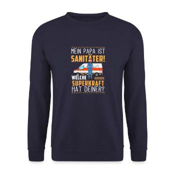 Rettungsdienst Notruf Sani Geschenk · Superkraft - Unisex Pullover - Navy - Vorne - Alina (178cm) & Michal (187cm)