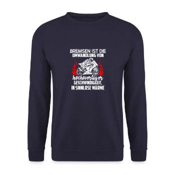 Motorrad Superbike Biker Geschenk · Bremsen - Unisex Pullover - Navy - Vorne - Alina (178cm) & Michal (187cm)