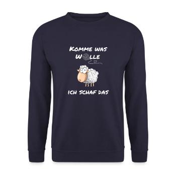 Witziges T-Shirt mit Schaf-Motiv: 'Komme was Wolle - Unisex Pullover - Navy - Vorne - Alina (178cm) & Michal (187cm)