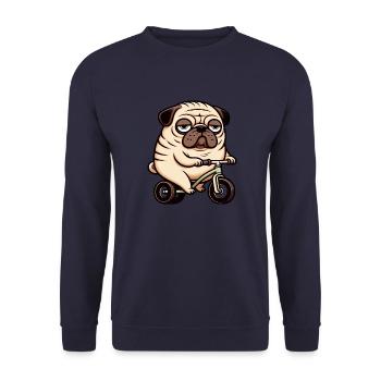 Lustiger Mops Hund auf Fahrrad Dreirad Laufrad - Unisex Pullover - Navy - Vorne - Alina (178cm) & Michal (187cm)