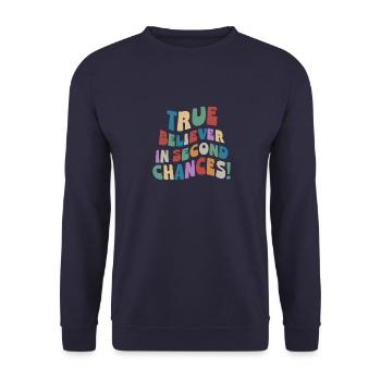 True Believer In Second Chances! Neuanfang - Unisex Pullover - Navy - Vorne - Alina (178cm) & Michal (187cm)