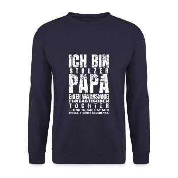 Stolzer Papa Tochter Vater Sohn Outfit Spruch - Unisex Pullover - Navy - Vorne - Alina (178cm) & Michal (187cm)