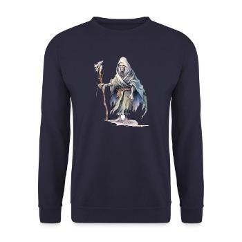 Totenbeschwörer mit Schädelstab – Dark Fantasy - Unisex Pullover - Navy - Vorne - Alina (178cm) & Michal (187cm)