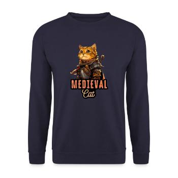 Mittelalterliche Katze: Gepanzertes Krieger-Kätzchen - Unisex Pullover - Navy - Vorne - Alina (178cm) & Michal (187cm)