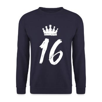 16 Zahl Krone - Unisex Pullover - Navy - Vorne - Alina (178cm) & Michal (187cm)