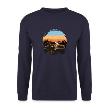 Jimny GJ Retro Vintage Sonne 4x4 Offroad - Unisex Pullover - Navy - Vorne - Alina (178cm) & Michal (187cm)