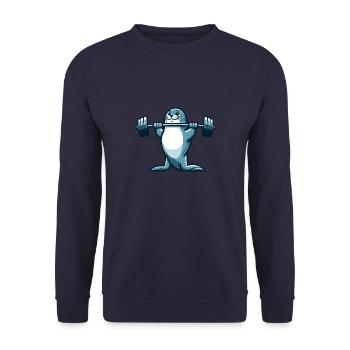 Robbe Seerobbe Seehund Fitness Hantel Training 2 - Unisex Pullover - Navy - Vorne - Alina (178cm) & Michal (187cm)