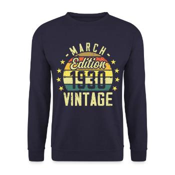 Jahrgang März 1930 Vintage Geburtstagsgeschenk aus den 1930er Jahren - Unisex Pullover - Navy - Vorne - Alina (178cm) & Michal (187cm)