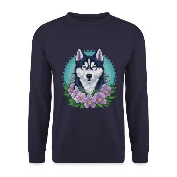 Cute cartoon husky with pretty orchids - Unisex Sweatshirt - navy - Front - Alina (178cm) & Michal (187cm)